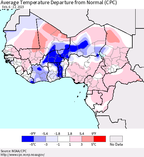 Western Africa Average Temperature Departure from Normal (CPC) Thematic Map For 2/6/2023 - 2/12/2023