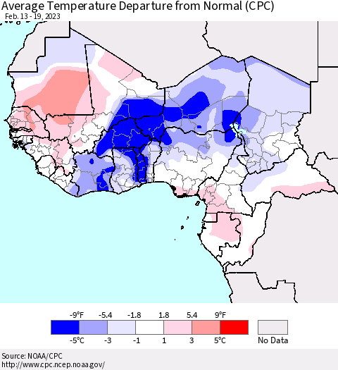 Western Africa Average Temperature Departure from Normal (CPC) Thematic Map For 2/13/2023 - 2/19/2023