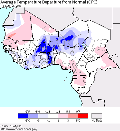 Western Africa Average Temperature Departure from Normal (CPC) Thematic Map For 2/20/2023 - 2/26/2023