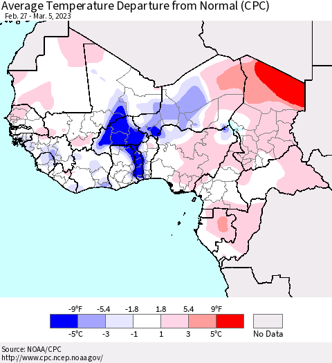 Western Africa Average Temperature Departure from Normal (CPC) Thematic Map For 2/27/2023 - 3/5/2023