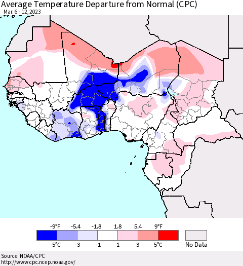 Western Africa Average Temperature Departure from Normal (CPC) Thematic Map For 3/6/2023 - 3/12/2023