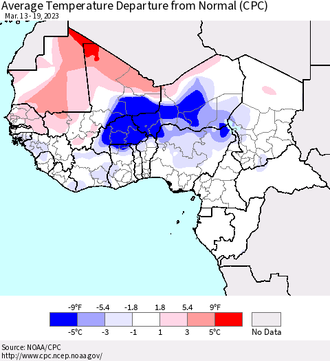 Western Africa Average Temperature Departure from Normal (CPC) Thematic Map For 3/13/2023 - 3/19/2023