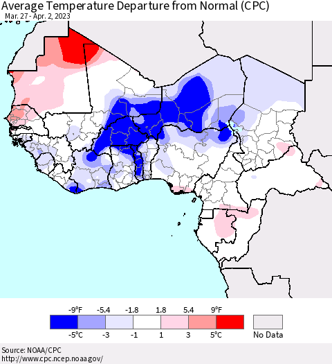 Western Africa Average Temperature Departure from Normal (CPC) Thematic Map For 3/27/2023 - 4/2/2023