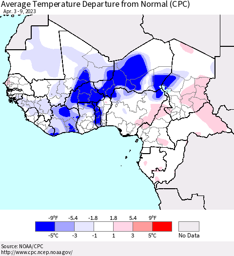 Western Africa Average Temperature Departure from Normal (CPC) Thematic Map For 4/3/2023 - 4/9/2023