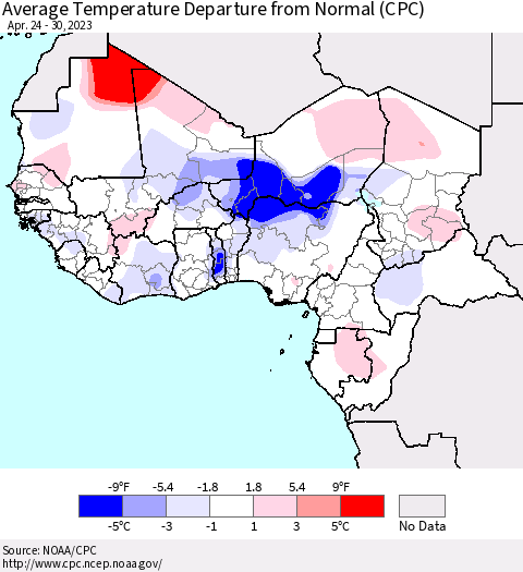 Western Africa Average Temperature Departure from Normal (CPC) Thematic Map For 4/24/2023 - 4/30/2023