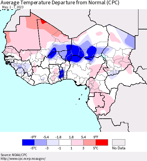 Western Africa Average Temperature Departure from Normal (CPC) Thematic Map For 5/1/2023 - 5/7/2023