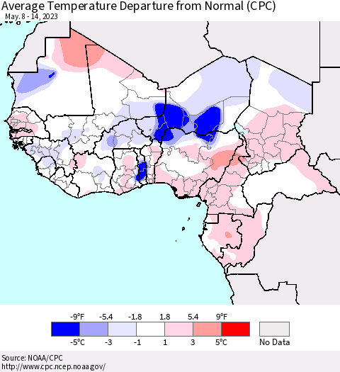 Western Africa Average Temperature Departure from Normal (CPC) Thematic Map For 5/8/2023 - 5/14/2023