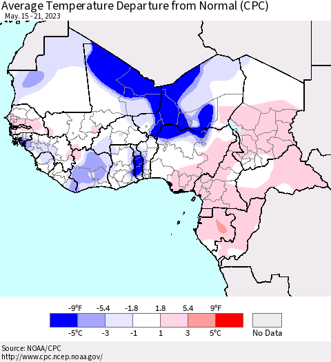 Western Africa Average Temperature Departure from Normal (CPC) Thematic Map For 5/15/2023 - 5/21/2023
