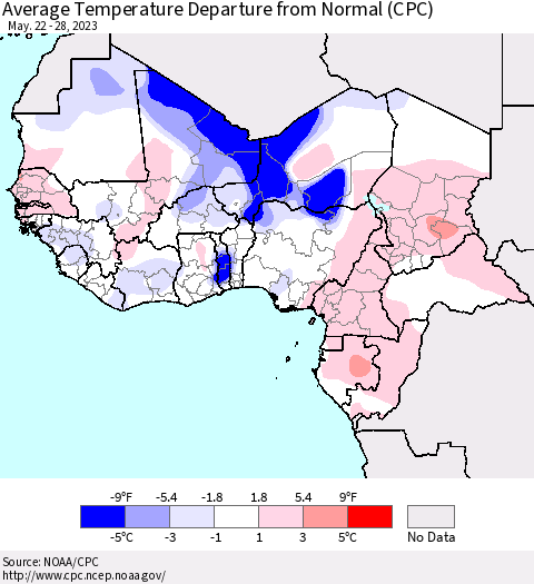 Western Africa Average Temperature Departure from Normal (CPC) Thematic Map For 5/22/2023 - 5/28/2023