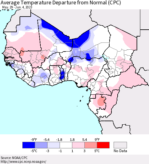 Western Africa Average Temperature Departure from Normal (CPC) Thematic Map For 5/29/2023 - 6/4/2023
