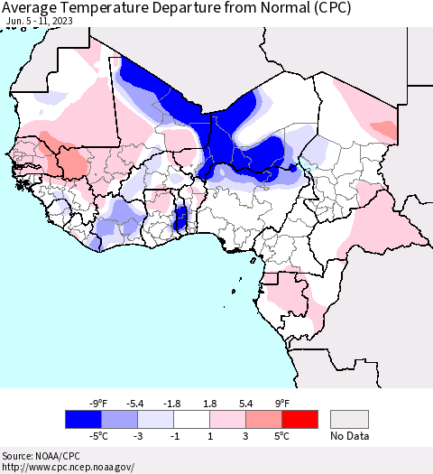 Western Africa Average Temperature Departure from Normal (CPC) Thematic Map For 6/5/2023 - 6/11/2023