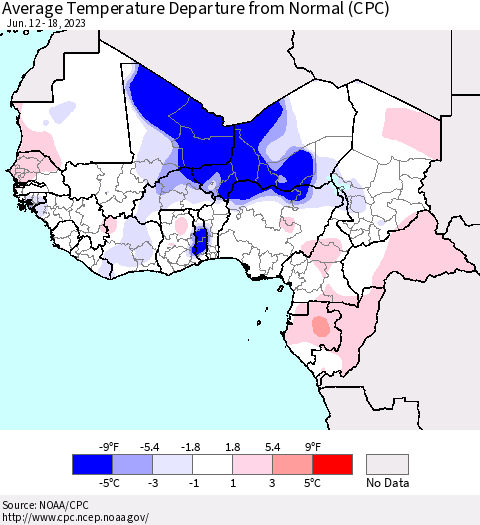 Western Africa Average Temperature Departure from Normal (CPC) Thematic Map For 6/12/2023 - 6/18/2023