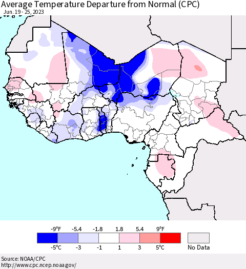 Western Africa Average Temperature Departure from Normal (CPC) Thematic Map For 6/19/2023 - 6/25/2023