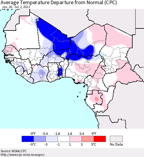 Western Africa Average Temperature Departure from Normal (CPC) Thematic Map For 6/26/2023 - 7/2/2023
