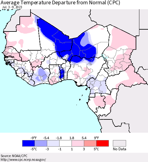 Western Africa Average Temperature Departure from Normal (CPC) Thematic Map For 7/3/2023 - 7/9/2023