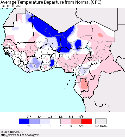 Western Africa Average Temperature Departure from Normal (CPC) Thematic Map For 7/10/2023 - 7/16/2023