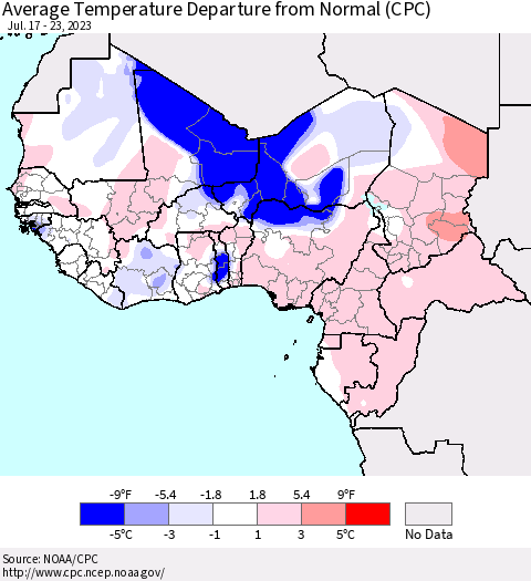 Western Africa Average Temperature Departure from Normal (CPC) Thematic Map For 7/17/2023 - 7/23/2023