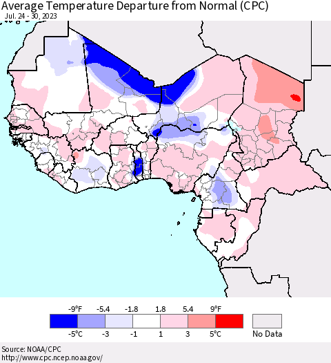 Western Africa Average Temperature Departure from Normal (CPC) Thematic Map For 7/24/2023 - 7/30/2023