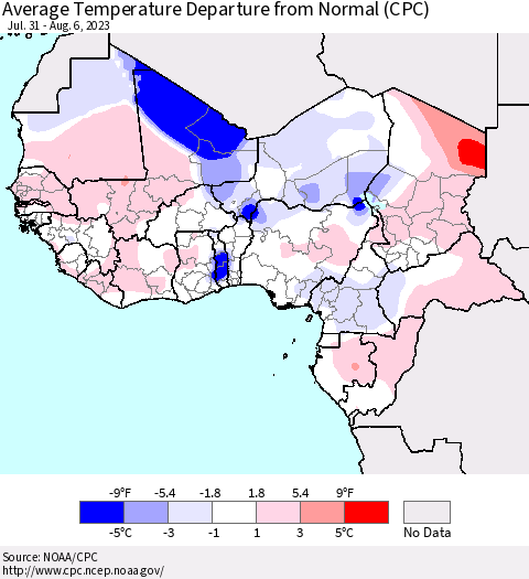 Western Africa Average Temperature Departure from Normal (CPC) Thematic Map For 7/31/2023 - 8/6/2023