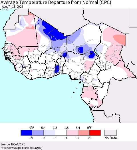 Western Africa Average Temperature Departure from Normal (CPC) Thematic Map For 8/7/2023 - 8/13/2023