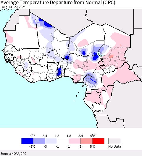 Western Africa Average Temperature Departure from Normal (CPC) Thematic Map For 8/14/2023 - 8/20/2023