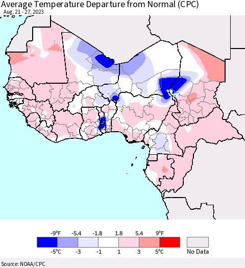 Western Africa Average Temperature Departure from Normal (CPC) Thematic Map For 8/21/2023 - 8/27/2023