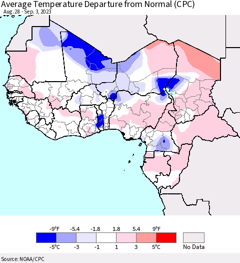 Western Africa Average Temperature Departure from Normal (CPC) Thematic Map For 8/28/2023 - 9/3/2023