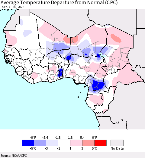 Western Africa Average Temperature Departure from Normal (CPC) Thematic Map For 9/4/2023 - 9/10/2023