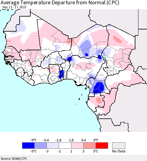 Western Africa Average Temperature Departure from Normal (CPC) Thematic Map For 9/11/2023 - 9/17/2023