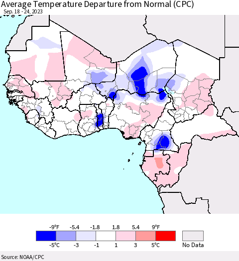 Western Africa Average Temperature Departure from Normal (CPC) Thematic Map For 9/18/2023 - 9/24/2023