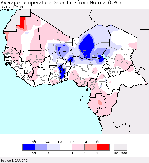 Western Africa Average Temperature Departure from Normal (CPC) Thematic Map For 10/2/2023 - 10/8/2023