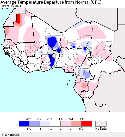 Western Africa Average Temperature Departure from Normal (CPC) Thematic Map For 10/9/2023 - 10/15/2023
