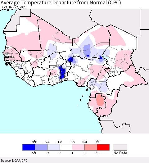 Western Africa Average Temperature Departure from Normal (CPC) Thematic Map For 10/16/2023 - 10/22/2023