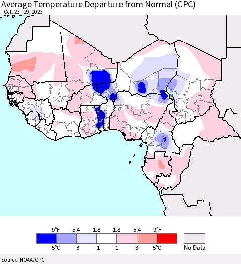 Western Africa Average Temperature Departure from Normal (CPC) Thematic Map For 10/23/2023 - 10/29/2023