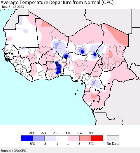 Western Africa Average Temperature Departure from Normal (CPC) Thematic Map For 11/6/2023 - 11/12/2023