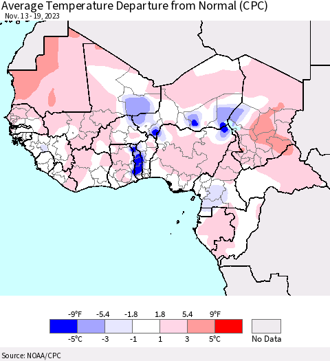 Western Africa Average Temperature Departure from Normal (CPC) Thematic Map For 11/13/2023 - 11/19/2023