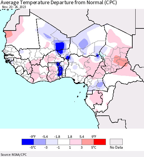 Western Africa Average Temperature Departure from Normal (CPC) Thematic Map For 11/20/2023 - 11/26/2023