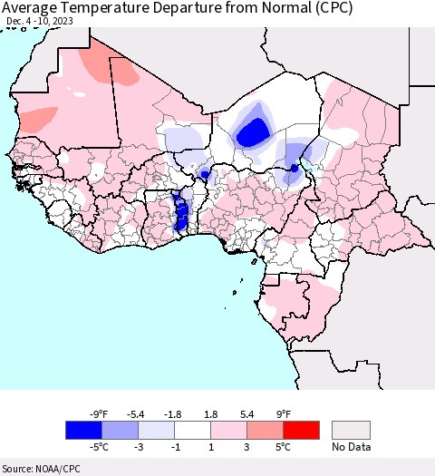 Western Africa Average Temperature Departure from Normal (CPC) Thematic Map For 12/4/2023 - 12/10/2023