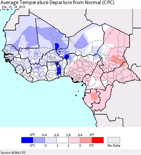 Western Africa Average Temperature Departure from Normal (CPC) Thematic Map For 12/18/2023 - 12/24/2023