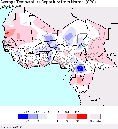 Western Africa Average Temperature Departure from Normal (CPC) Thematic Map For 12/25/2023 - 12/31/2023
