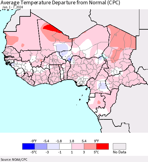Western Africa Average Temperature Departure from Normal (CPC) Thematic Map For 1/1/2024 - 1/7/2024