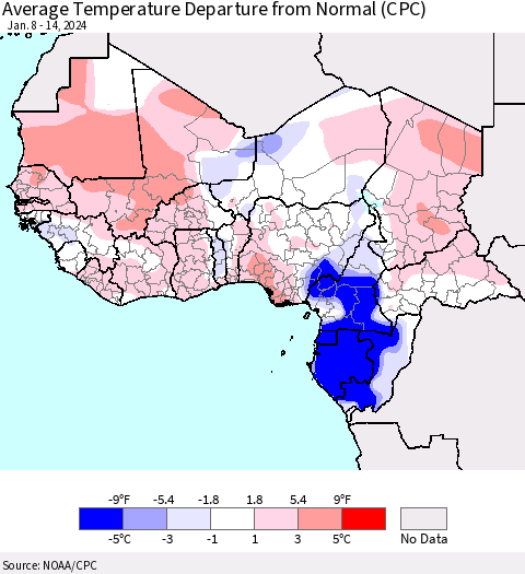 Western Africa Average Temperature Departure from Normal (CPC) Thematic Map For 1/8/2024 - 1/14/2024