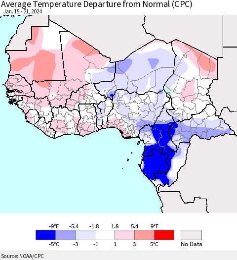 Western Africa Average Temperature Departure from Normal (CPC) Thematic Map For 1/15/2024 - 1/21/2024