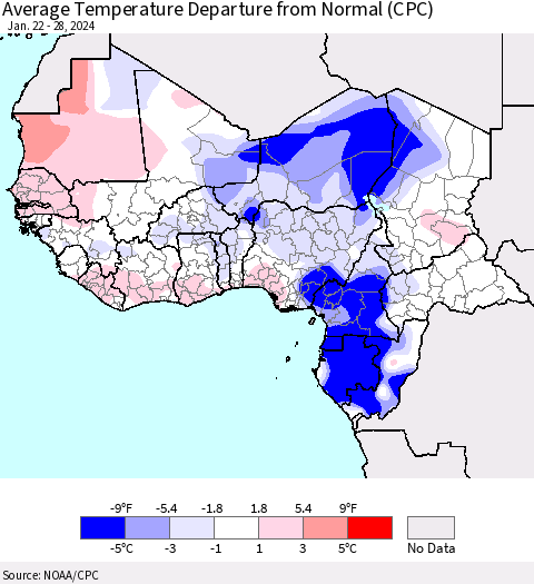 Western Africa Average Temperature Departure from Normal (CPC) Thematic Map For 1/22/2024 - 1/28/2024