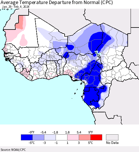 Western Africa Average Temperature Departure from Normal (CPC) Thematic Map For 1/29/2024 - 2/4/2024