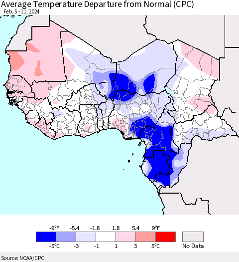 Western Africa Average Temperature Departure from Normal (CPC) Thematic Map For 2/5/2024 - 2/11/2024