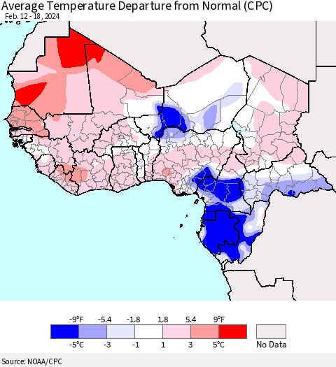 Western Africa Average Temperature Departure from Normal (CPC) Thematic Map For 2/12/2024 - 2/18/2024