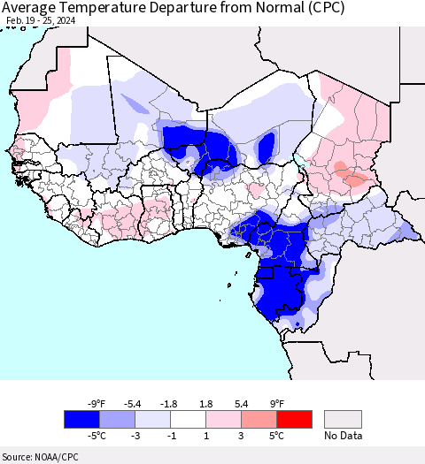 Western Africa Average Temperature Departure from Normal (CPC) Thematic Map For 2/19/2024 - 2/25/2024