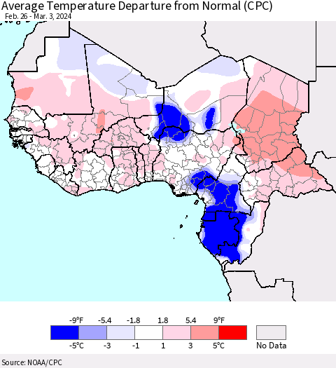 Western Africa Average Temperature Departure from Normal (CPC) Thematic Map For 2/26/2024 - 3/3/2024