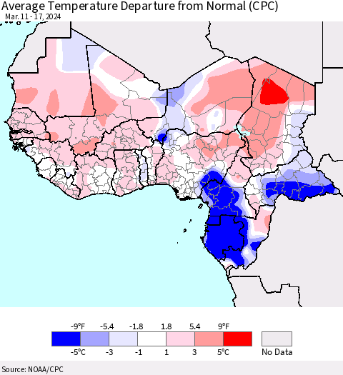 Western Africa Average Temperature Departure from Normal (CPC) Thematic Map For 3/11/2024 - 3/17/2024